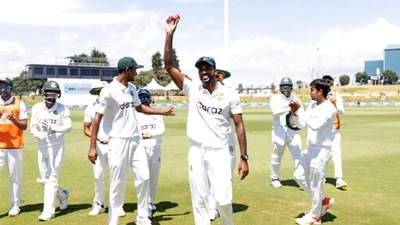 Bangladesh's Ebadot Hossain walks from the field at the end of the Blackcaps second innings during play on day five of the first cricket test between Bangladesh and New Zealand at Bay Oval in Mount Maunganui, New Zealand. (AP)