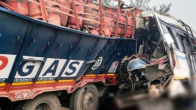 Mangled remains of the truck that collided with a bus in Pakur district of Jharkhand on Wednesday. (PTI) Mangled remains of the truck that collided with a bus in Pakur district of Jharkhand on Wednesday. (PTI)