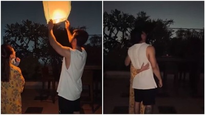 Soha Ali Khan and Kunal Kemmu releasing a floating lantern. Soha Ali Khan and Kunal Kemmu releasing a floating lantern.