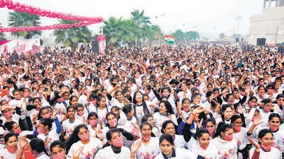 Women in large numbers take part in Congress's marathon event under 'Ladki hoon, lad sakti hoon' campaign in front of Ekana Sports City, in Lucknow on December 28. (ANI) Women in large numbers take part in Congress's marathon event under 'Ladki hoon, lad sakti hoon' campaign in front of Ekana Sports City, in Lucknow on December 28. (ANI)