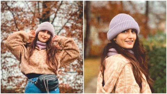 Fatima Sana Shaikh camouflages with the tree in the background with autumn leaves.(Instagram/@fatimasanashaikh)
