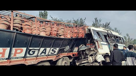 A loaded tanker collides with a bus at Amrapara, in Pakur on Wednesday. (ANI)
