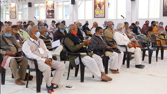 RSS chief Mohan Bhagawat and its all-India general secretary Dattatreya Hosabale, BJP national president J P Nadda and all-India general secretary (organisation) B L Santosh were among the top leaders of the Sangh who attended the annual meeting. (HT PHOTO.)