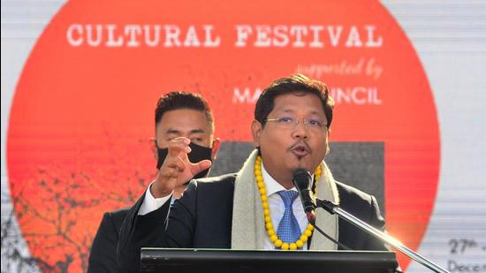 Meghalaya chief minister Conrad K Sangma speaks at an event in Makhel Village, in Senapati district of Manipur on Tuesday. (ANI) Meghalaya chief minister Conrad K Sangma speaks at an event in Makhel Village, in Senapati district of Manipur on Tuesday. (ANI)