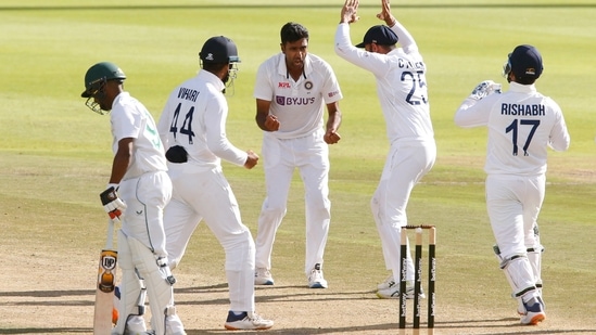 India and R Ashwin celebrate the wicket of Keegan Petersen.&nbsp;(Reuters)