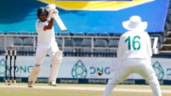 India's Cheteshwar Pujara at the wicket on the third day of the 2nd cricket test match between South Africa and India at the Wanderers stadium in Johannesburg, South Africa, Wednesday, Jan. 5, 2022 (AP Photo)(AP)