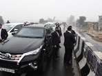 Prime Minister Narendra Modi’s convoy was held up on a flyover for around 20 minutes as protesters blocked the road when he was headed from Bathinda airport to Ferozepur on Wednesday. Prime Minister Narendra Modi’s convoy was held up on a flyover for around 20 minutes as protesters blocked the road when he was headed from Bathinda airport to Ferozepur on Wednesday.