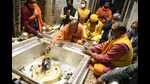 UP chief minister Yogi Adityanath at the Kashi Vishwanath temple in Varanasi on Thursday. (HT Photo)
