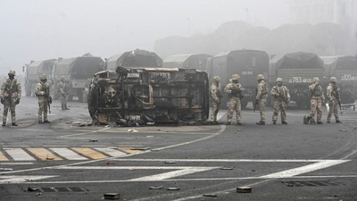 Troops are seen at the main square where hundreds of people were protesting against the government, after authorities' decision to lift price caps on liquefied petroleum gas, in Almaty,&nbsp; (REUTERS)