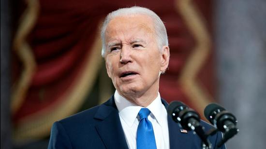 US President Joe Biden delivers remarks in the Statuary Hall of the US Capitol during a ceremony on the first anniversary of the January 6, 2021 attack on the Capitol by supporters of former President Donald Trump in Washington, D.C. (REUTERS)