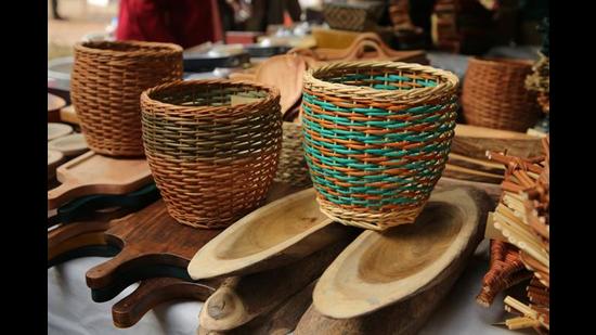 Wicker baskets that can double up as a kitchen top waste container for organic waste. (Photo: Manoh Verma/HT)