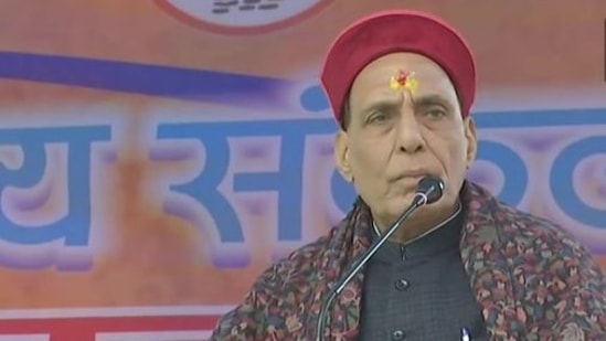 Defence minister Rajnath Singh in Uttarakhand&nbsp;(Screenshot from rally)
