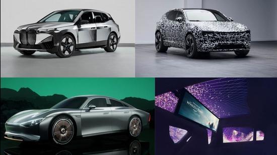 (Clockwise from top left) BMW iX Flow with colour-changing tech, upcoming Polestar 3 electric car, the BMW Theatre screen, and Mercedes-Benz Vision EQXX. (HT photo)