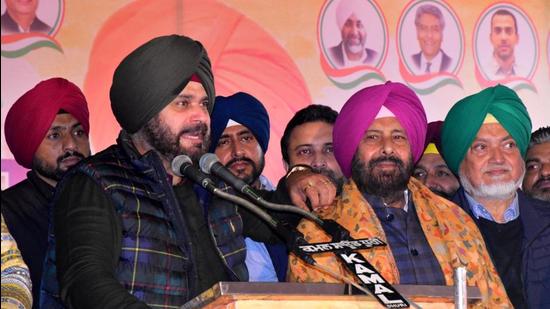 Punjab Congress president Navjot Sidhu addressing a political rally in Barnala on Thursday.