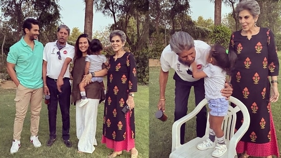 Neha Dhupia and family with Kapil Dev and his wife Romi.&nbsp;