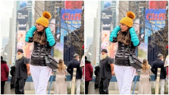 Hina paired a black and blue jacket with a pair of white trousers.(Instagram/@realhinakhan)