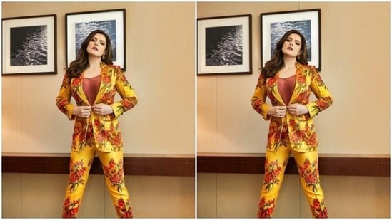 Zareen played muse to fashion designer Ranbir Mukherjee and picked a bright yellow pant suit with floral details.(Instagram/@zareenkhan)