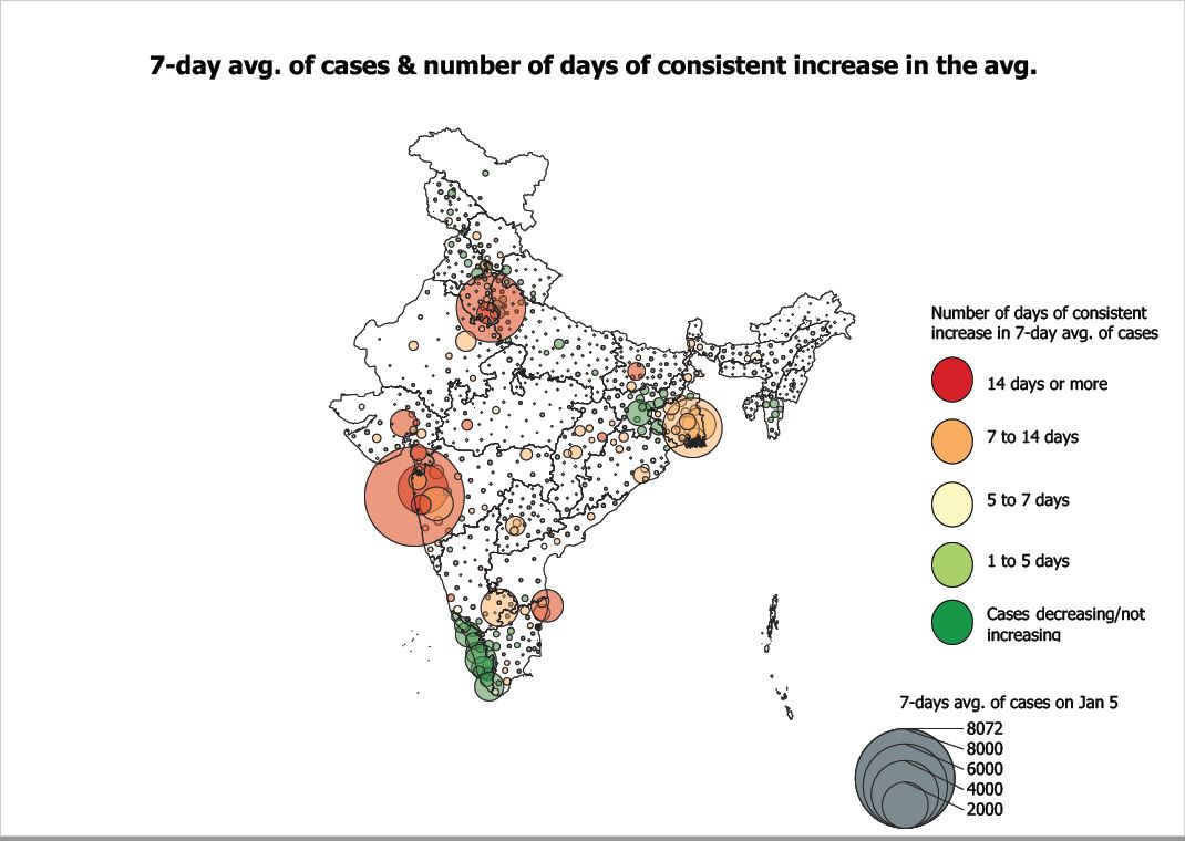 7-day average of cases and number of days of consistent increase in the average&nbsp;