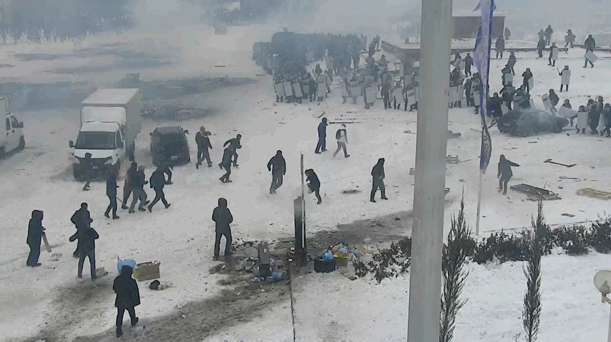 Demonstrators clash with law enforcement officers during a protest triggered by fuel price increase in Aktobe, Kazakhstan January 5, 2022.&nbsp; (via Reuters)