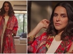 Neha Dhupia has been spotted wearing fancy outfits by designer Rajdeep Ranawat on several occasions. From kaftans to fancy jackets, the actor sure knows how to ace it all. Recently, she rocked the work look as she posed in a stylish red jacket by Rajdeep Ranawat.(Instagram/@nehadhupia)