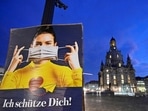 &nbsp;A poster reads "I protect you" during the local coronavirus disease (Covid-19) lockdown in Dresden, Germany.
