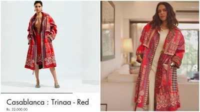 According to the brand's website, this Lycra Scuba trench coat costs Rs. 32,000/-. (Instagram/@nehadhupia)