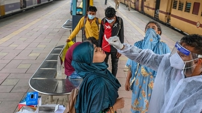 Covid testing going on at a platform of a Mumbai railway station on Friday.&nbsp; (AFP)
