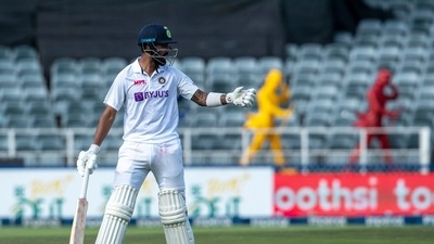 India's captain KL Rahul reacts as he leaves the field after being dismissed by South Africa's batsman Marco Jansen, during the second day of the 2nd Test Cricket match between South Africa and India at the Wanderers stadium in Johannesburg, South Africa, Tuesday, Jan. 4, 2022. (AP)