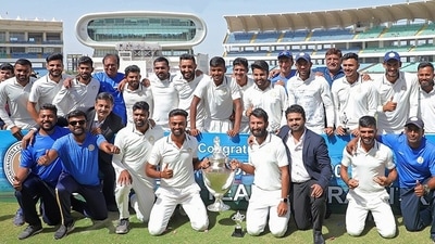 The Saurashtra cricket team after winning the Ranji Trophy. (Saurashtra/Twitter) The Saurashtra cricket team after winning the Ranji Trophy. (Saurashtra/Twitter)