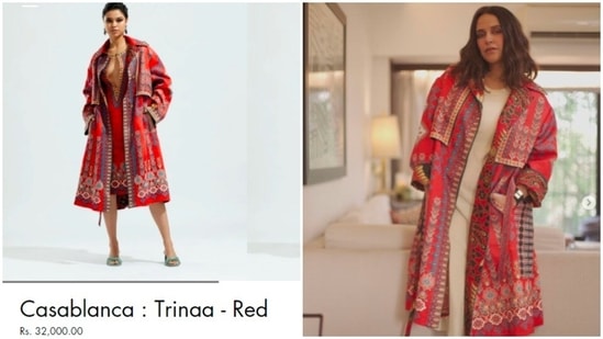 According to the brand's website, this Lycra Scuba trench coat costs Rs. 32,000/-.(Instagram/@nehadhupia)
