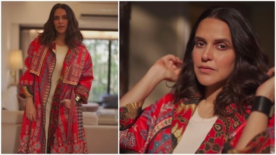 Neha Dhupia has been spotted wearing fancy outfits by designer Rajdeep Ranawat on several occasions. From kaftans to fancy jackets, the actor sure knows how to ace it all. Recently, she rocked the work look as she posed in a stylish red jacket by Rajdeep Ranawat.(Instagram/@nehadhupia)