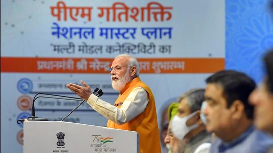 Prime Minister Narendra Modi addressed the launch of the PM Gati Shakti - National Master Plan, at Pragati Maidan, in New Delhi on October 12 last year. (PTI/File)