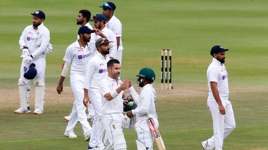 South Africa's Dean Elgar and Temba Bavuma celebrate winning the second Test.(REUTERS)