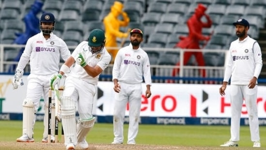 South Africa's Dean Elgar reacts after his team won the second cricket test between South Africa and India at the Wanderers stadium in Johannesburg, South Africa, Thursday, Jan. 6, 2022(AP)