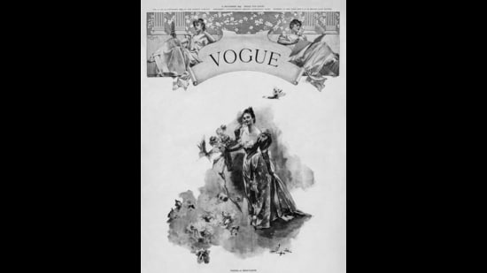The first Vogue cover, 1892. ‘The definite object is the establishment of a dignified authentic journal of society, fashion and the ceremonial side of life,’ founder Arthur Turnure said, in his opening letter to readers. (Image courtesy Glossy: The Inside Story of Vogue)