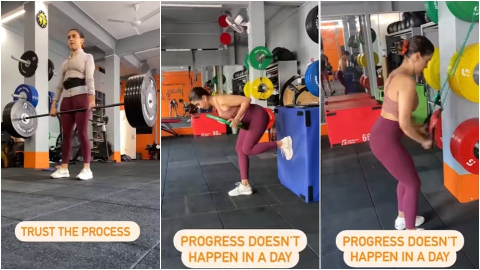 Sanya Malhotra trains at the gym. Sanya Malhotra trains at the gym. 