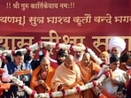 Uttarakhand chief minister Pushkar Singh Dhami participates in the first Sanyas Deeksha ceremony of Niranjan Peethadheeshwar Acharya Mahamandaleshwar Swami Kailashanand Ji Maharaj at Jagadguru Ashram, Kankhal, in Haridwar on January 1. (ANI)