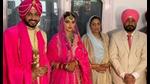 Punjab chief minister Charanjit Singh Channi and his wife Dr Kamaljit Kaur with his newlywed son Navjit Singh and daughter-in-law Simrandheer Kaur at a Mohali gurdwara on October 10, 2021. (HT file photo)