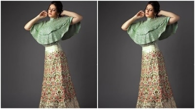 Zareen played muse to fashion designer Amy Billimoria and decked up in a green and white ensemble. (Instagram/@zareenkhan)