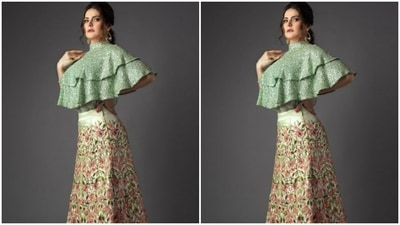 Zareen paired a green and silver cropped top with frills with a white floral skirt embroidered in shades of pink, green and gold. (Instagram/@zareenkhan)