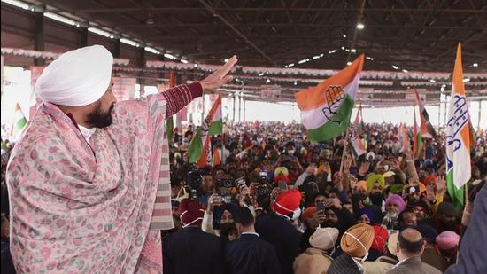 Punjab chief minister Charanjit Singh Channi during a rally, ahead of Punnjab assembly elections, at Rajpura in Patiala, on Friday. (PTI)