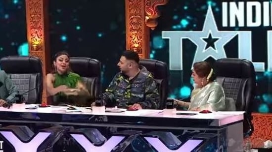 Shilpa Shetty with Badshah and Kirron Kher on India's Got Talent sets.