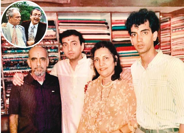 With mom, dad and youngest brother Dev at the Diwali Pooja at his father’s retail store, Ruksons, which became his production office later; (inset) Shooting for Patthar Ke Phool with theatre doyen, Manohar Singh of the National School of Drama