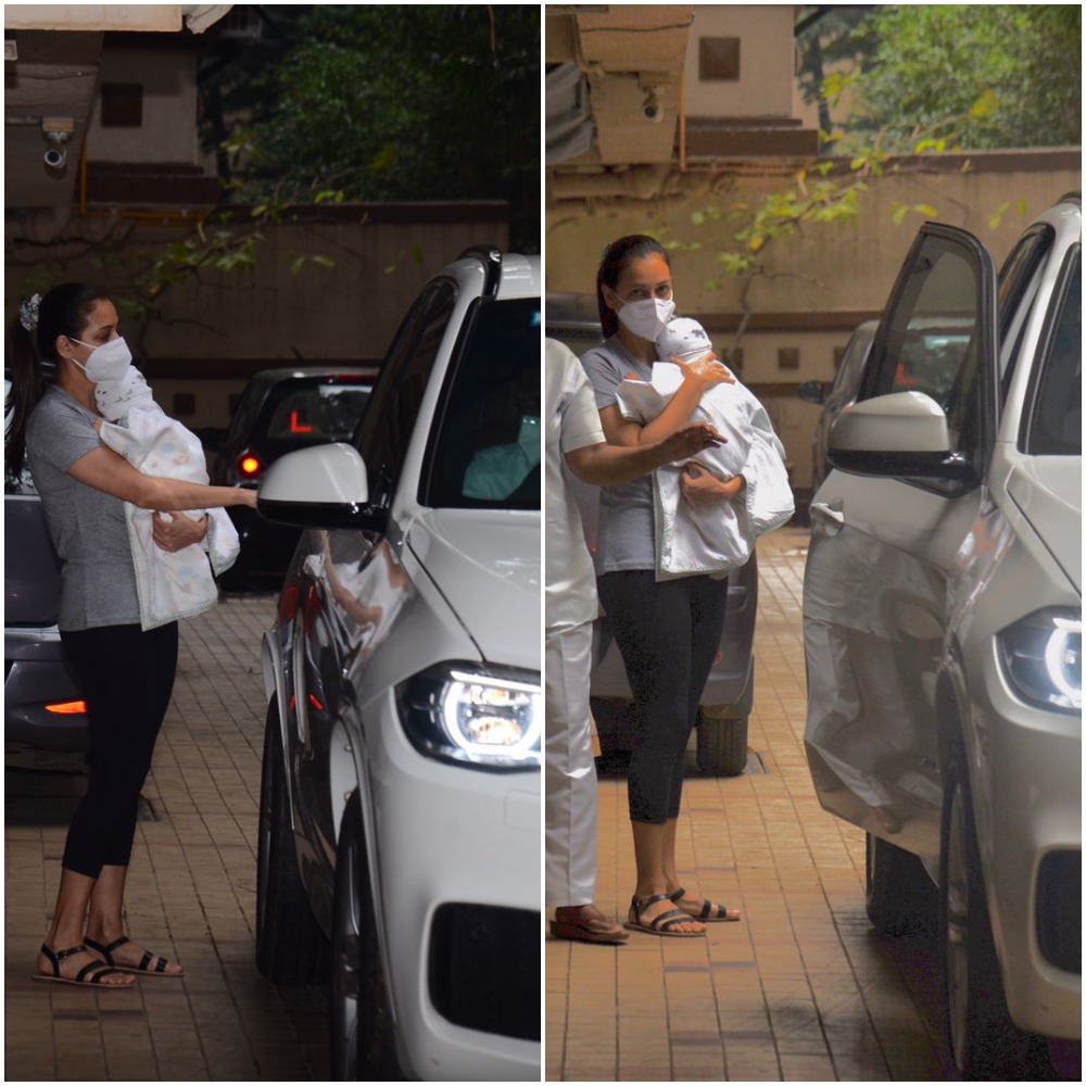 Dia was spotted outside a clinic in Khar as she held Avyaan close to her. (Varinder Chawla)