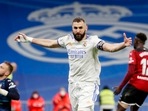 Real Madrid's Karim Benzema celebrates scoring their first goal.