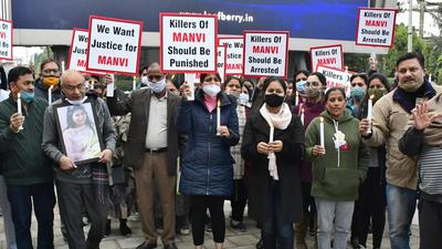 Family of fashion designer Manvi along with the residents went for Candle Light March at Sarabha Nagar Market in Ludhiana; kin of victim said she had married six years ago and had a two-year-old son (Harsimar Pal Singh/HT) Family of fashion designer Manvi along with the residents went for Candle Light March at Sarabha Nagar Market in Ludhiana; kin of victim said she had married six years ago and had a two-year-old son (Harsimar Pal Singh/HT)