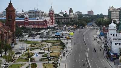 Chennai wears a deserted look as Tamil Nadu observed weekend lockdown on Sunday. (AFP) Chennai wears a deserted look as Tamil Nadu observed weekend lockdown on Sunday. (AFP)
