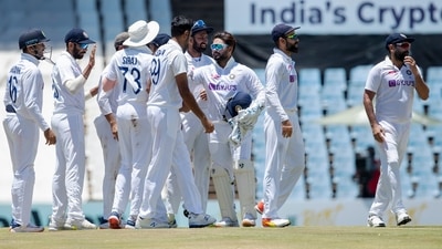 India's captain Virat Kohli, second from right, celebrates with teammates at end of the fifth day of the Test Cricket match between South Africa and India at Centurion Park in Pretoria, South Africa, Thursday. (AP)