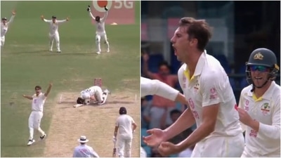 Pat Cummins bowled a brilliant yorker to dismiss Mark Wood. (Twitter/Cricket Australia)