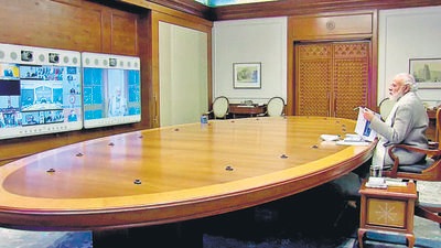 Prime Minister Narendra Modi chairs a meeting to review the Covid-19 situation in the country, through video conference, in New Delhi on Sunday. (ANI) Prime Minister Narendra Modi chairs a meeting to review the Covid-19 situation in the country, through video conference, in New Delhi on Sunday. (ANI)